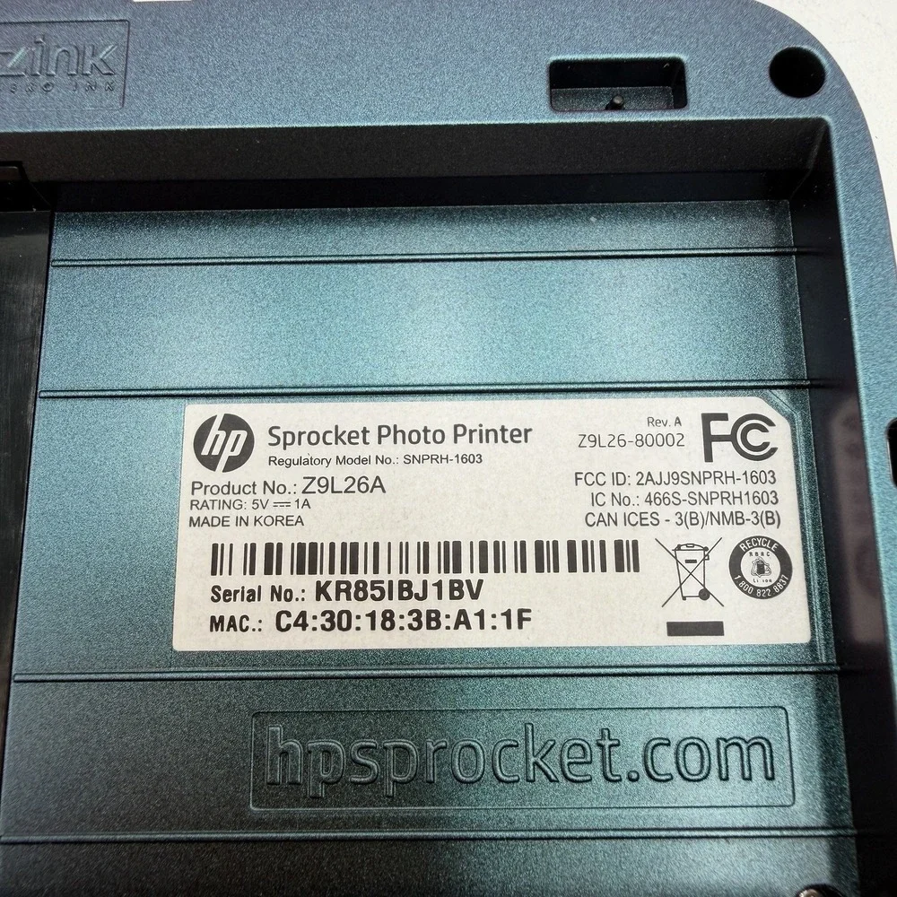 HP Sprocket Mini Bluetooth Photo Printer Model SNPRH-1603 Missing Back Cover